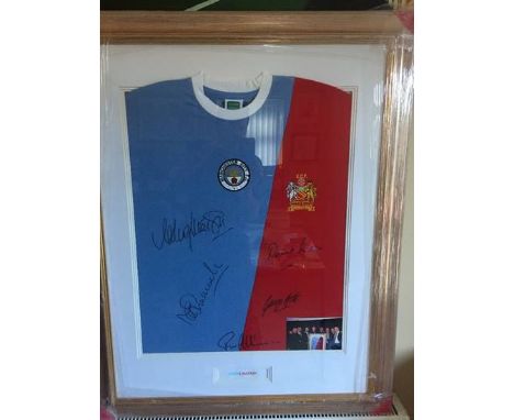 1997 Manchester City + United Signed Framed Shirt: Manchester City / Manchester United half and half shirt. Signed by George 