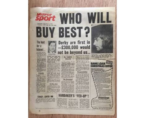 Who Will Buy George Best: Daily Mirror newspaper article dated 6 12 1972. For Sale George Best is the back page headline.