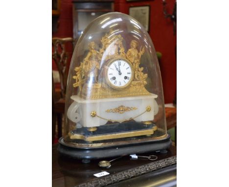 A 19th century French gilt spelter and alabaster mantel clock, cast with farm girl and boy, white enamel dial, bold Roman num