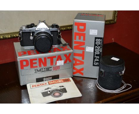 A Pentax M E Super camera; a conforming lens, 80-200mm, F4.5, boxed