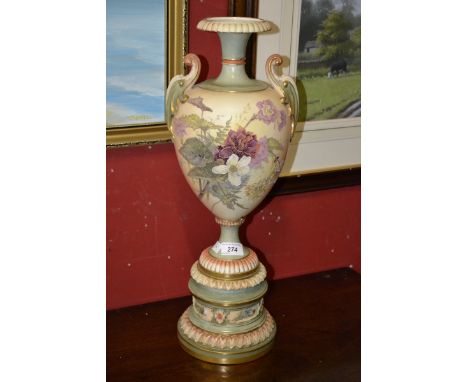 A Royal Worcester blush ivory twin handled urn vase, printed with flowers, socle plinth base (restoration) c.1900