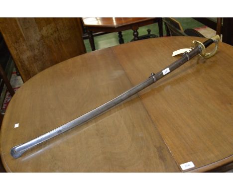 A French 1822 pattern cavalry sword, 92cm curved blade, brass guard with curved quillon, steel scabbard, 112.5cm long overall