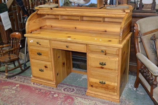 A Contemporary Pine Roll Top Desk Galleried Back Tambour Front