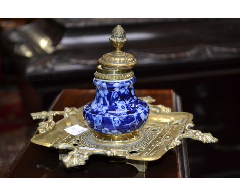 A Victorian ink stand; Cherry Blossom pottery inkwell