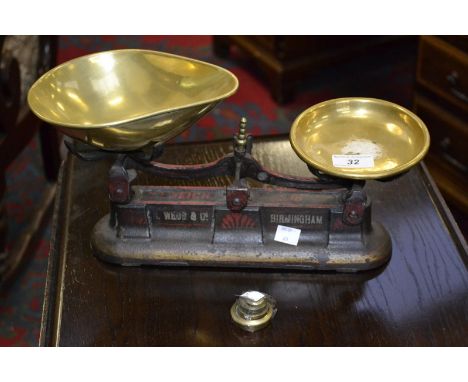 A set of Victorian kitchen scales, Webb and Co, Birmingham, brass pans and weights