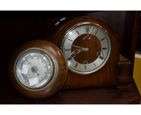 A Smiths mahogany Westminster chime eight day mantel clock; a wall barometer (2)