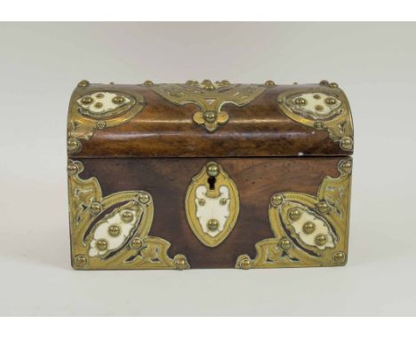 VICTORIAN DOME TOP TEA CADDY, walnut veneered with decorative cut brass mounts, 21.25cm x 12.5cm x 14cm H.