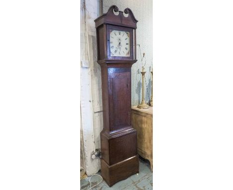 LONGCASE CLOCK, late George III, oak and mahogany with a swan neck pediment, 49cm W x 24cm D x 218cm H, with a floral painted