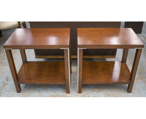 LAMP TABLES, a pair, mahogany and chrome trimmed, of two rectangular tiers, 60cm H x 60cm W x 40cm D. (2)