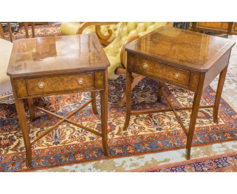 LAMP TABLES, a pair, Regency design burr walnut each with square canted cornered top, frieze drawer and X stretchered outswep