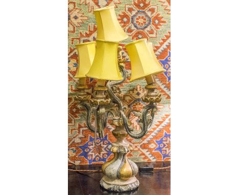 BOUILLOTTE LAMP, with a metal shade, 65cm H; a figural light of a classical female, 59cm H; a Victorian oil lamp converted an