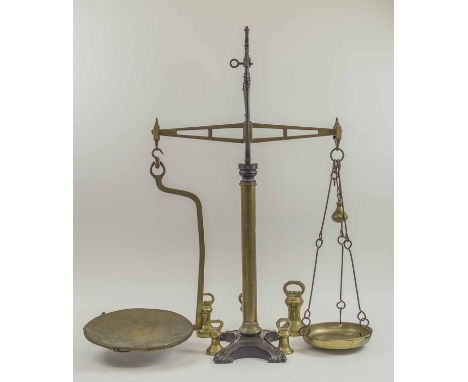 VICTORIAN 'PATENT AGATE BALANCE' BEAM SCALES, brass and decorative cast iron 82.5cm H, together with five graduated bell weig