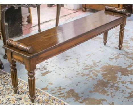 HALL BENCH, Regency design rectangular mahogany with bolster handles and reeded turned supports, 161cm x 33cm D x 51cm H.