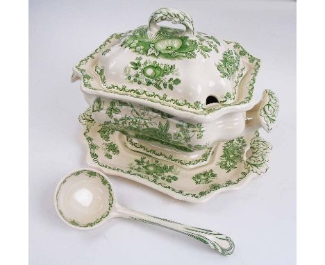 MASON'S PATENT IRONSTONE 'FRUIT BASKET' PATTERN TUREEN, with stand and ladle, 24cm H overall.