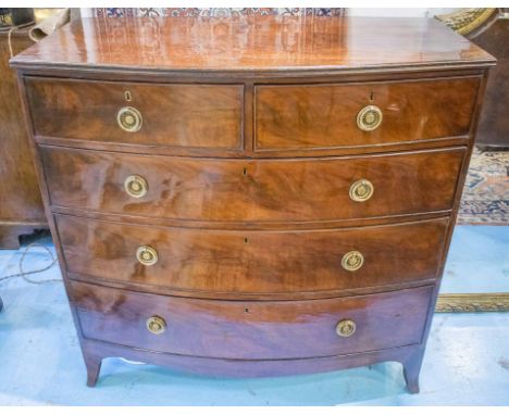 BOWFRONT CHEST, Regency flame mahogany, with two short and three long drawers raised on splay bracket supports, 103cm W x 103