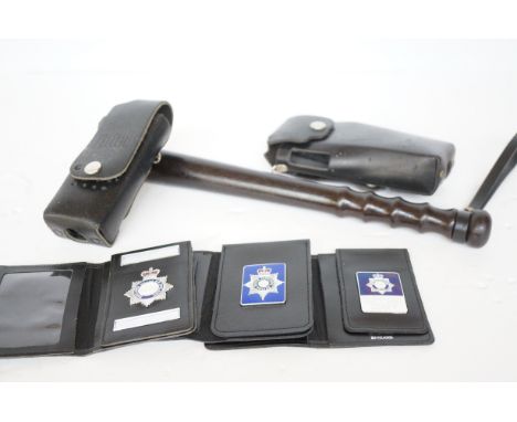 Police truncheon, x3 wallet badges and x2 walkie talkie holders