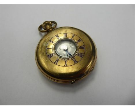 A Gentleman's Gold-Plated and Enamel Half-Hunter Pocket Watch by Thomas Russell, stamped Liverpool, white enamel face with Ro