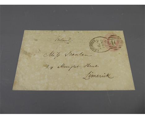 1857 1d Pink Envelope to Limerick, cancelled by Liverpool Spoon with Parkins &amp; Gotto advert under reverse flap.&nbsp;