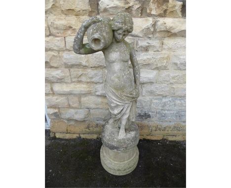 A Stone Garden Statue, standing nude holding an urn over her shoulder, approx 140 cms.