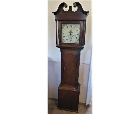 An Antique Welsh Edward Richards Dogellau Oak Long Case Clock, hand painted enamel face with Roman dial, date aperture, origi