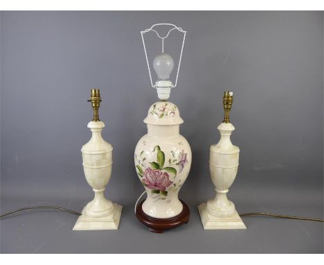 A Pair of Alabaster-Effect Lamp Bases, in the classical style, approx 43 cms, together with a hand-painted floral lamp base, 