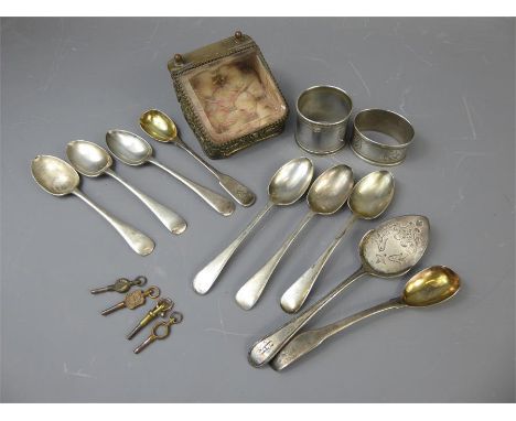 Miscellaneous Silver, including a pair of Georgian silver gilt mustard spoons, Georgian sugar spoon and six Sheffield hallmar