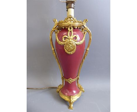 A Burgundy Porcelain and Gilt Lamp Stand, applied gilt decoration, approx 40 cms (without shade).