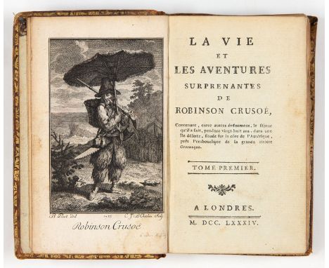 Defoe, Daniel: La Vie et les aventures surprenantes de Robinson Crusoé, contenant, entre autres événemens ... 4 Bde. London (