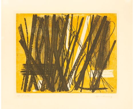 HANS HARTUNG 1904 - 1989 „5" 1953 Farbaquatintaradierung in Gelb-Ocker und Schwarz auf Velin. Signiert. Ex. 18/100. 23,7 x 29