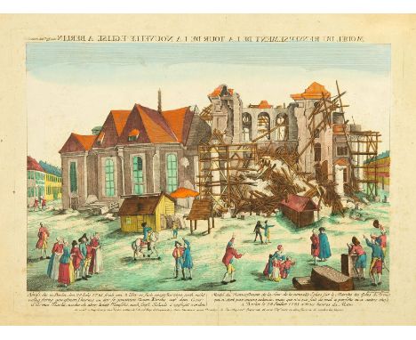 Berlin und Potsdam. 5 Guckkastenblätter. Kolorierte Kupferstiche. (Altersspuren). 1.) Abriss des in Berlin den 28. July 1781 