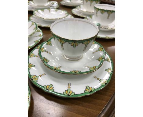 AYNSLEY ART DECO TEA SERVICE with green and yellow geometric design 