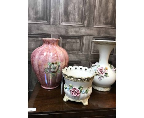 THREE CAPODIMONTE FIGURE GROUPS, TWO DECORATIVE VASES AND A PLANTER