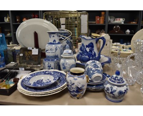 A selection of cblue and white wear ceramics including Royal Albert Crown china vase and lamp base