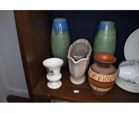 A mixed lot of ceramics, including vintage rose bowl and two tall blue and green vases.