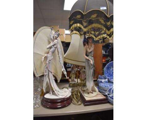 Two art deco designed figural lamp bases by Cappodimonte and similar lamp