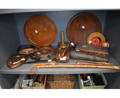 A mixed lot of vintage treen including trinket boxes,spoons,and cork screw in the form of a dachshund and much more.