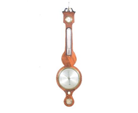 Victorian mahogany barometer, banjo case with a swan-neck pediment and brass urn finial, silvered dials, signed F Amadio, 118