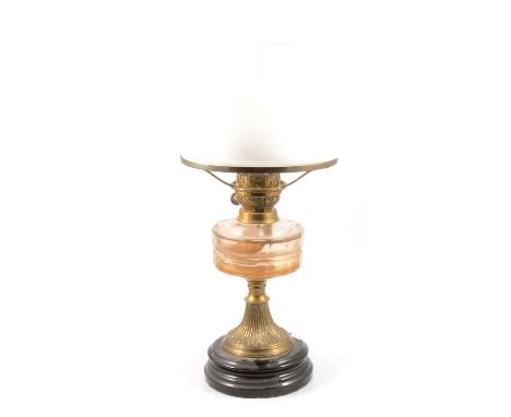 Edwardian brass oil lamp, tinted glass reservoir, opaque shade, with chimney 57cm; table gong; North African brass vase; pair