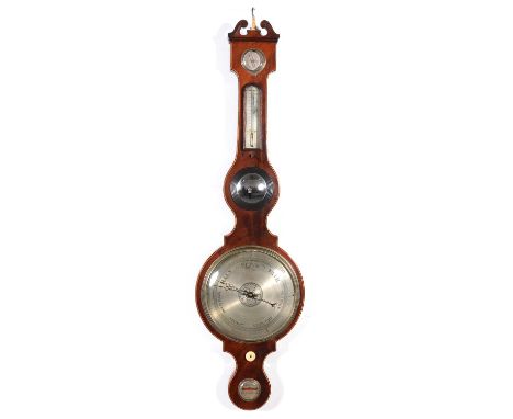 George IV mahogany banjo barometer, swan-neck pediment, with upturned bone finial, boxwood and ebony stringing, silvered dial