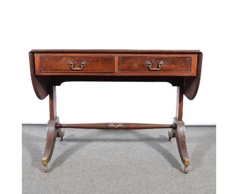 Reproduction mahogany sofa table, criossbanded outline with ebony stringing, two frieze drawers, width 95cm, depth 72.5cm, he