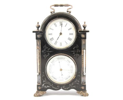 French ebonised desktop clock barometer and thermometer, domed case, with silver-plated mounts, enamelled dials, height 27cm.