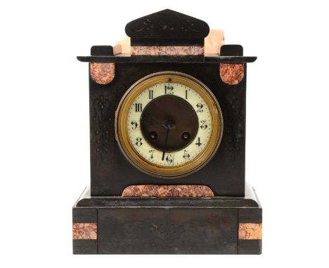 Victorian marble mantel clock, Frnech cylinder movement, ivorine chapter ring, Arabic numerals, architectural case, 27cm.