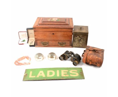 Edwardian oak keepsake box, 32cm, WWI binoculars, tea caddy, amber style beads, costume jewellery, enamelled sign "Ladies".