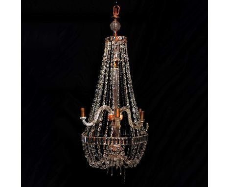 Victorian glass chandelier, six wrythen scrolled branches, facetted pendants, 122cm drop.Condition report:One of the scrolled