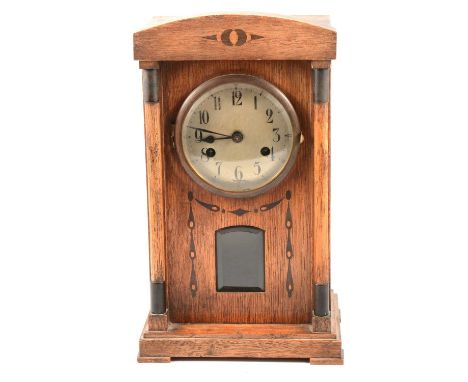 Edwardian oak case mantel clock, silvered dial signed Richardson Leicester, 44cm; and another oak cased mantel clock inlaid w