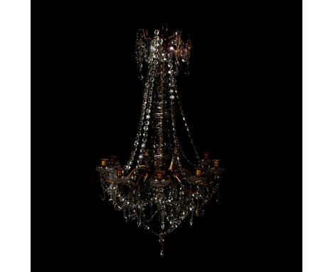 Moulded glass and brass chandelier, nine scrolled branches with candle sconces, some later fitments for electricity, drop app