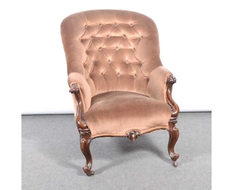 Early Victorian scrolled frame easychair, brown dralon upholstery with button back, width 71cm, height 90cm.Condition report:
