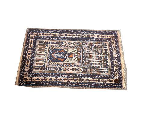 Hamadan prayer rug, the field with architectural motifs on an ivory-coloured field, border within guards, 140 x 87cm.