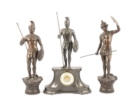 Pair of spelter figures, Greek warriors, 35cm, metal mantel clock, replaced movement; painted spelter figure, Edward III; and