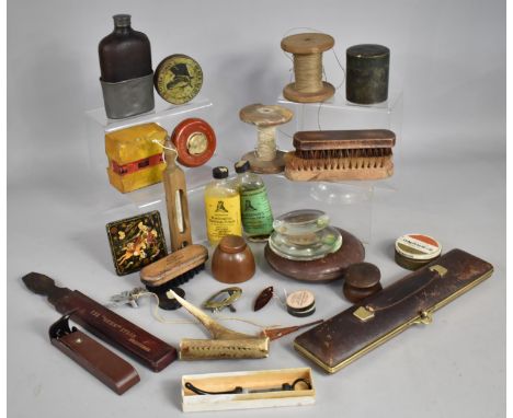 A Collection of Various Vintage Sundries to comprise Leather Mounted Items Hip Flask, Tape Measure, Brushes Etc 
